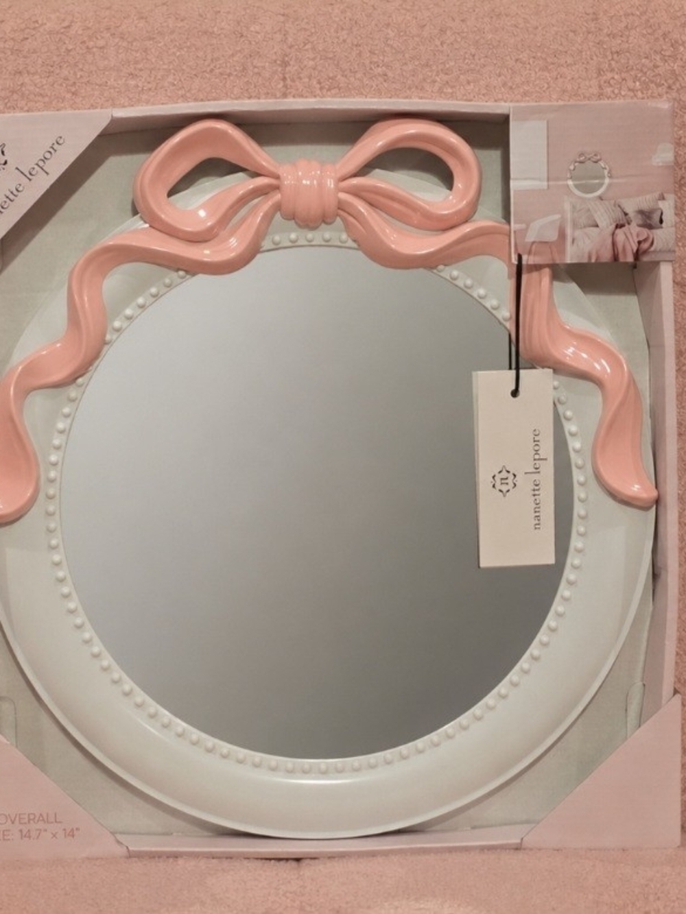 Nanette Lepore Pale Pink Bow Round Mirror with White Beaded Rim